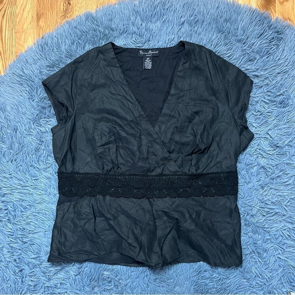 Vintage Mercer & Madison Black Linen Faux Wrap Lace Blouse Size 16W